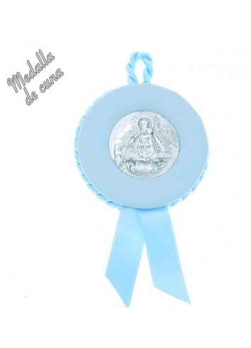 Medalla cuna plata polipiel azul Virgen de la Cabeza
