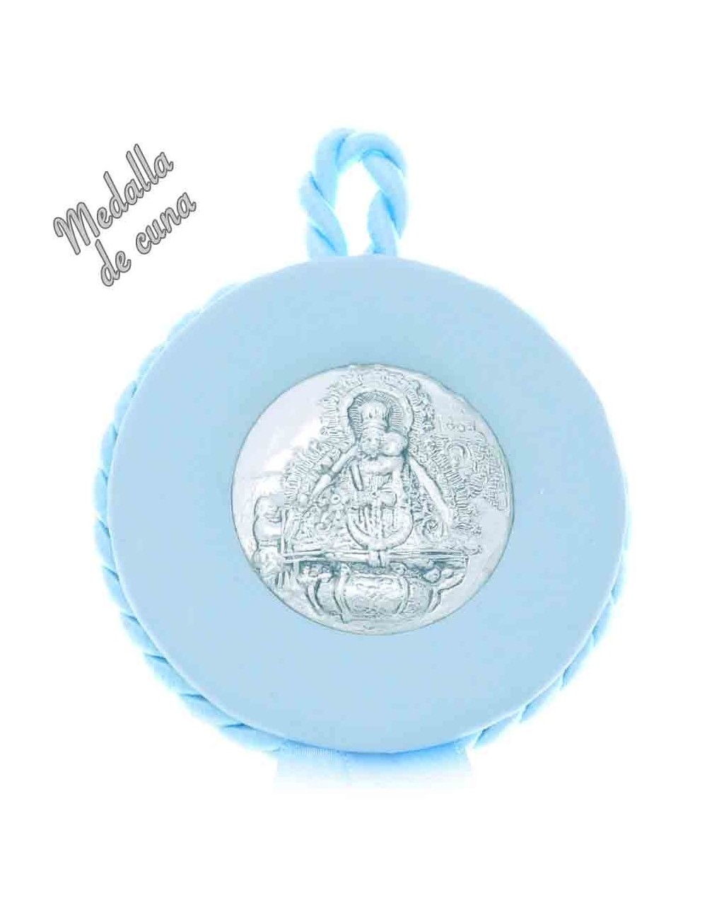 Medalla cuna plata polipiel azul Virgen de la Cabeza