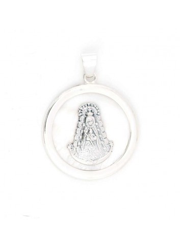Medalla Virgen del Rocío plata redonda nácar 3 cm