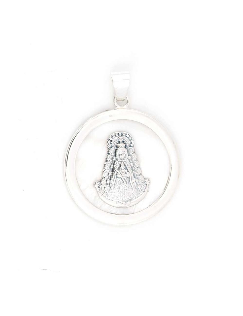 Medalla Virgen del Rocío plata redonda nácar 3 cm