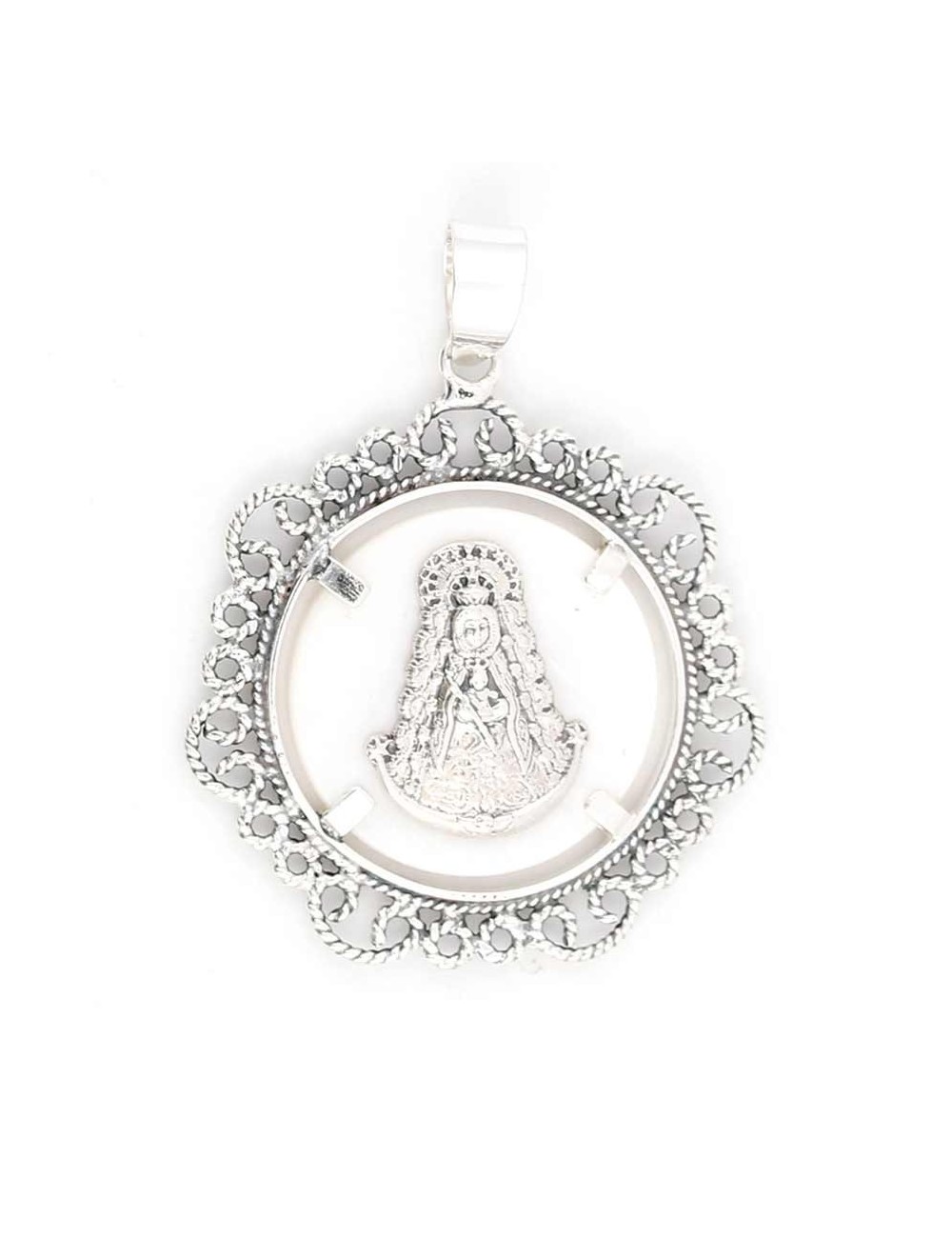 Medalla Virgen del Rocío plata bisel filigranas 3,8 cm