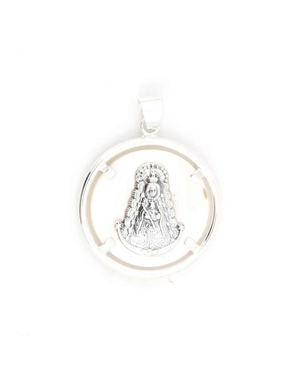 Medalla Virgen del Rocío plata nácar bisel redondo 3 cm