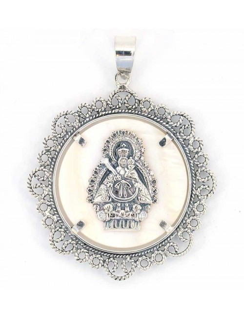 Medalla Virgen de la Cabeza plata nácar bisel rocallas