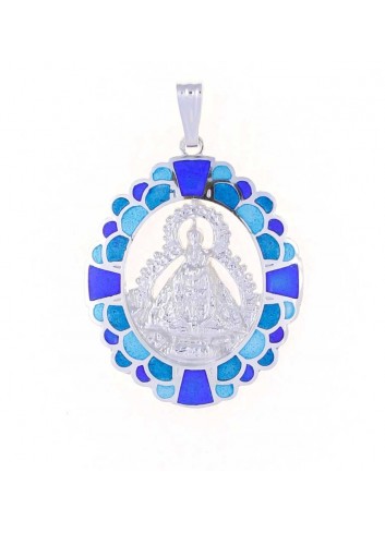 Medalla Virgen Cabeza plata oval petalos esmalte azul grande