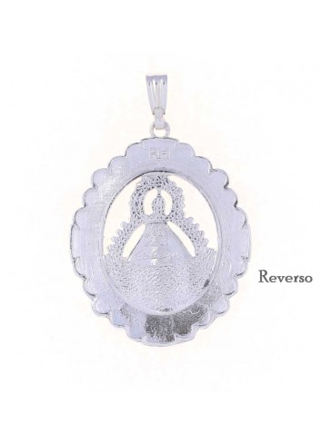 Medalla Virgen Cabeza plata oval petalos esmalte azul grande