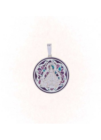 Medalla Virgen Cabeza plata redonda esmalte morada mediana