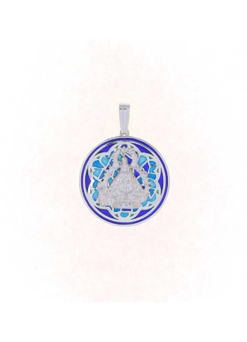 Medalla Virgen Cabeza plata redonda esmalte azul pequeña