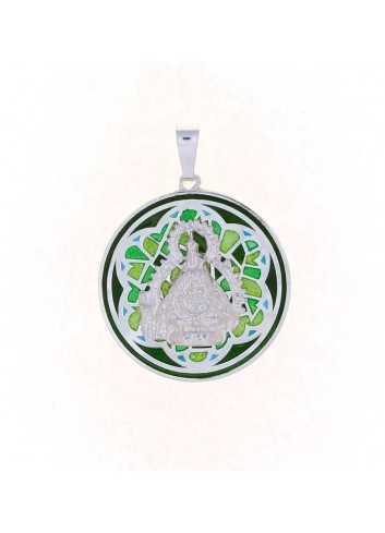 Medalla Virgen Cabeza plata redonda esmalte verde mediana