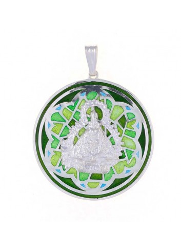 Medalla Virgen Cabeza plata redonda esmalte verde grande