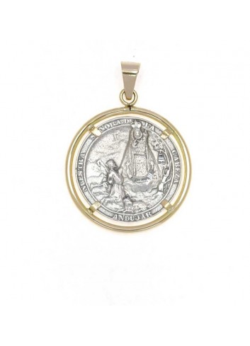 Medalla aparición Virgen de la Cabeza plata y oro bisel redondo