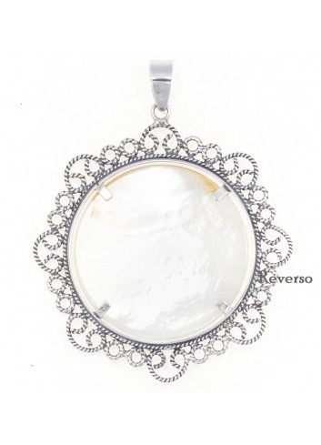 Medalla Virgen del Rocío plata bisel filigranas 5,2 cm reverso
