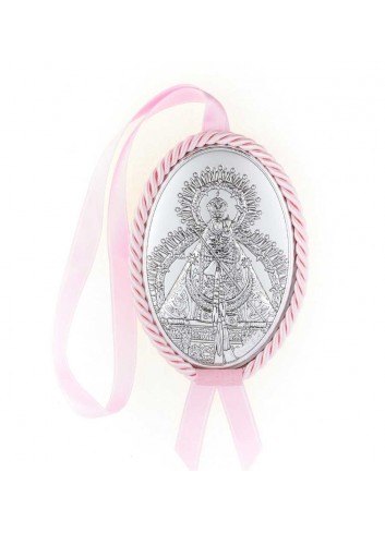 Medalla cuna Virgen de la Cabeza polipie oval rosa musical