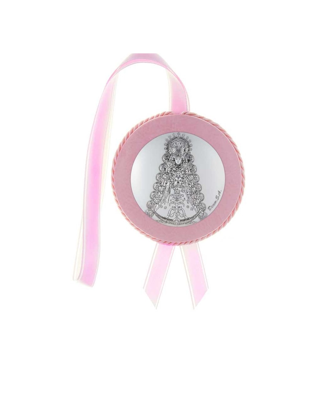 Medalla cuna Virgen del Rocío polipiel rosa musical