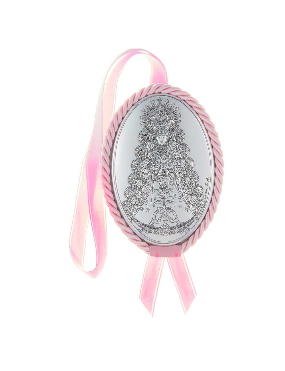 Medalla cuna Virgen de la Cabeza polipiel oval rosa musical