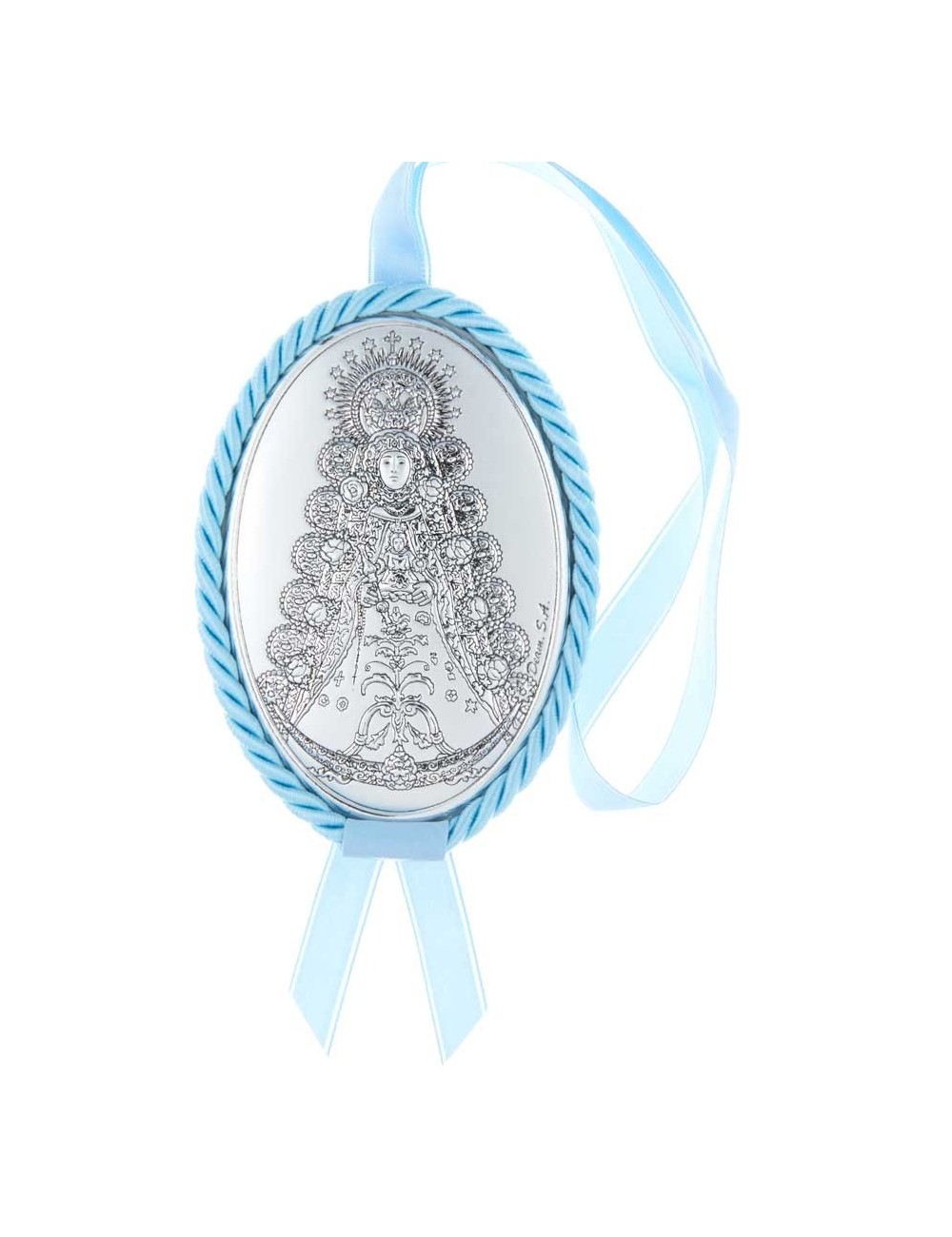 Medalla cuna Virgen del Rocío polipiel azul oval musical