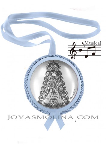 Medalla cuna Virgen del Rocío polipiel azul musical