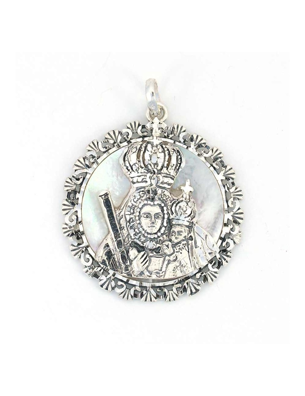 Medalla Virgen de la Cabeza plata nácar concha coronada