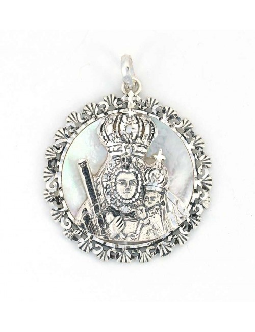 Medalla Virgen de la Cabeza plata nácar concha coronada