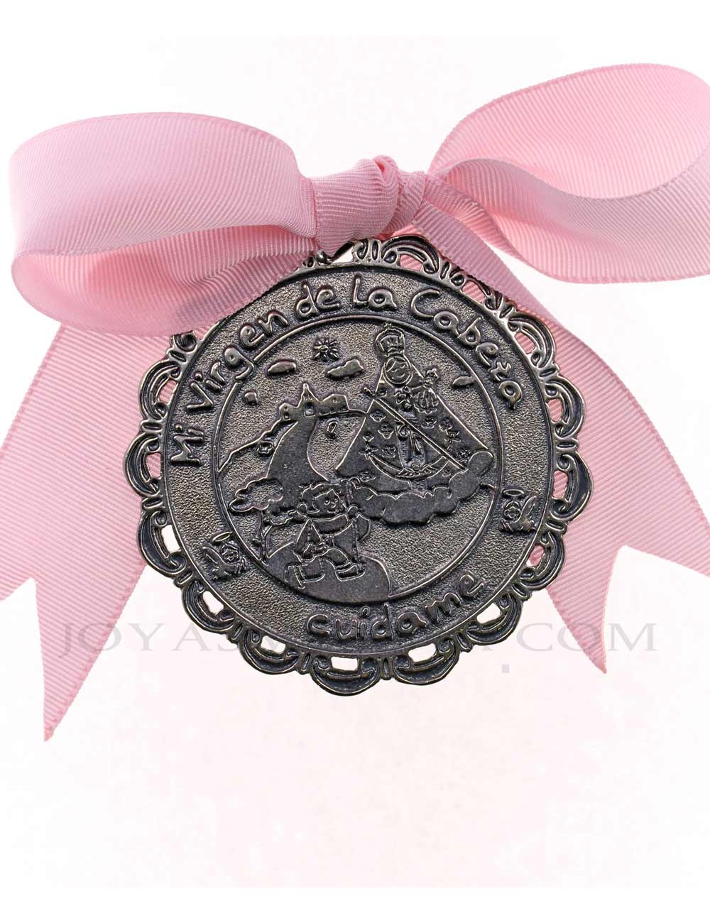 Medalla cuna Virgen Cabeza infantil  metal plateado lazo rosa