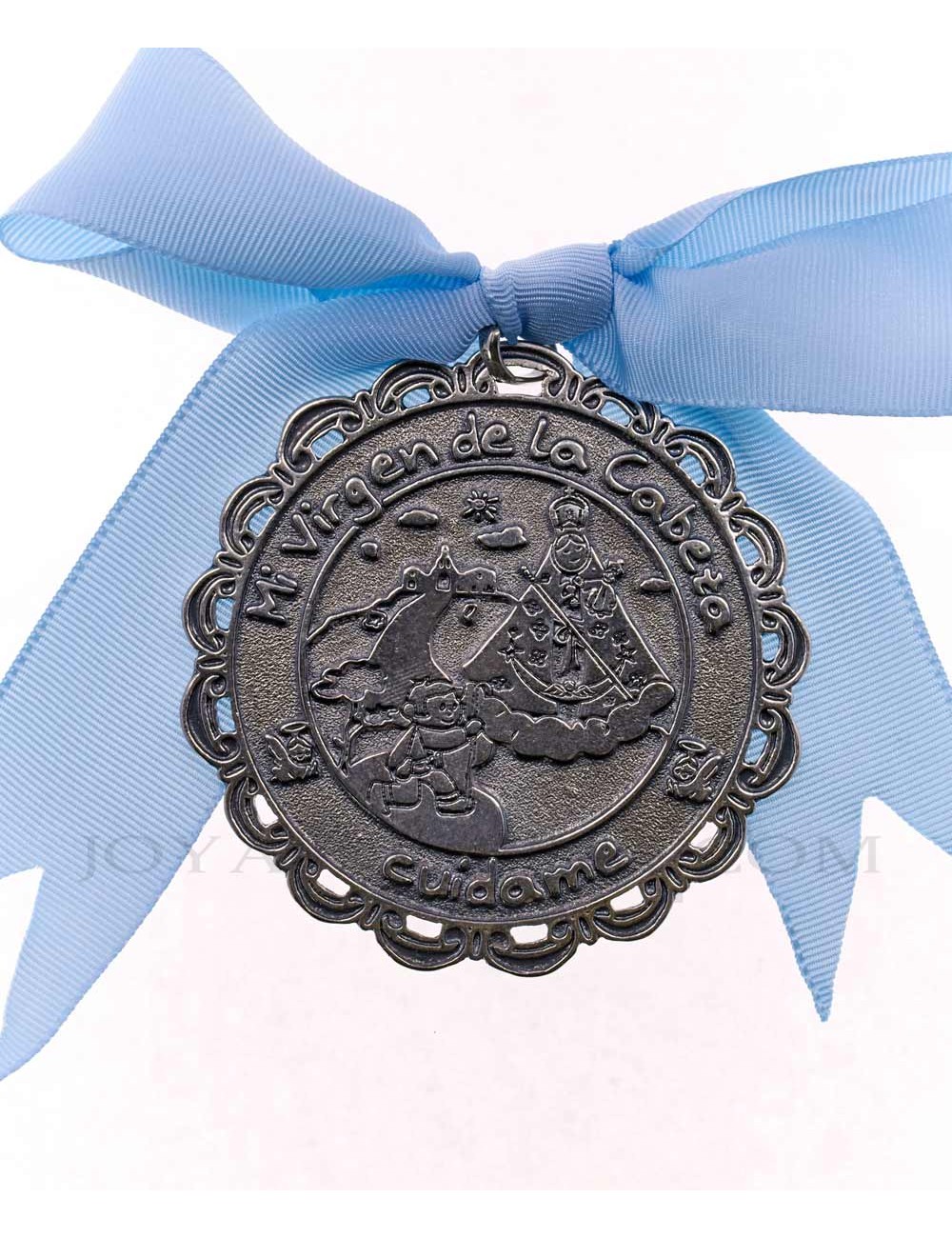 Medalla cuna Virgen Cabeza infantil  metal plateado lazo azul