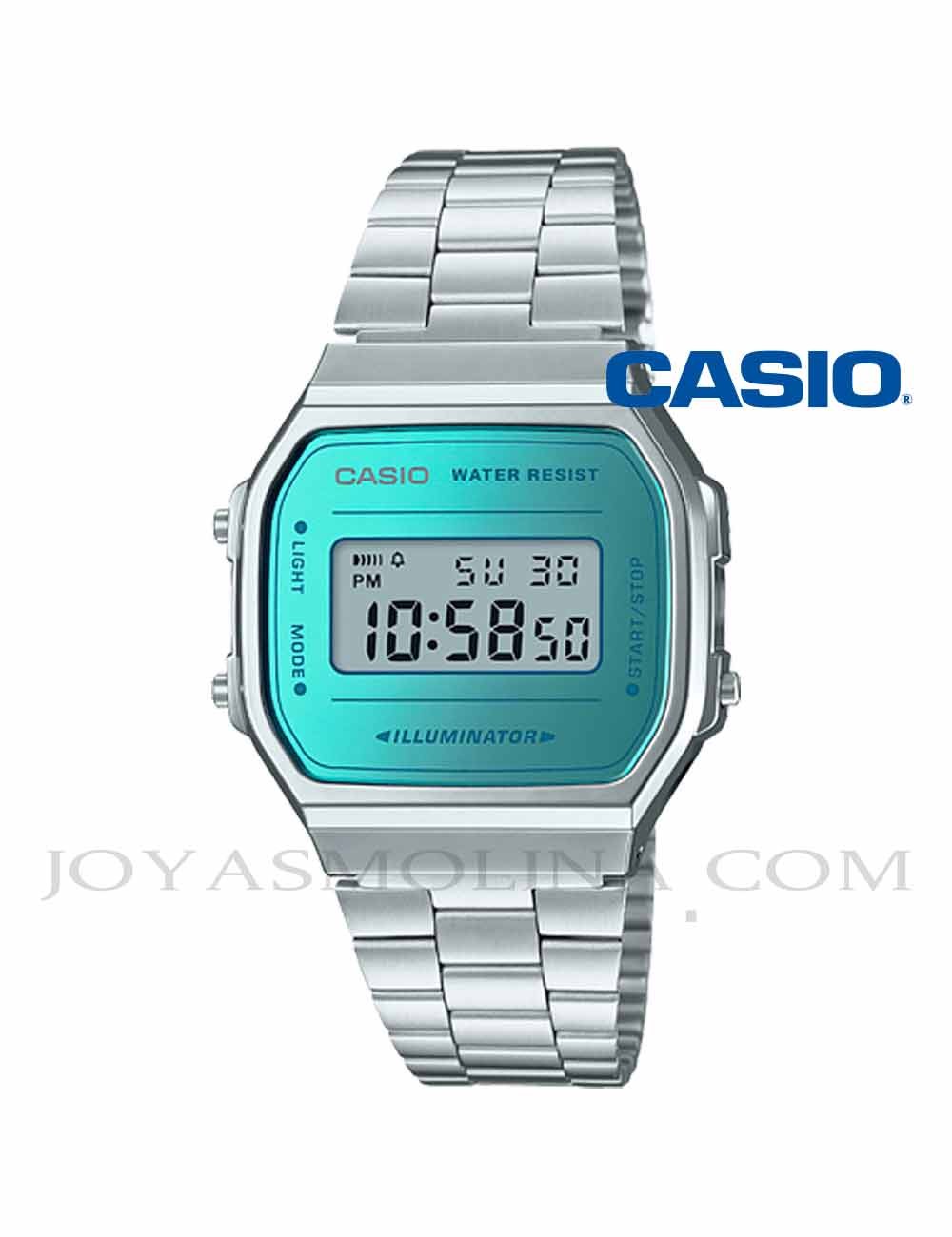 Reloj Casio digital turquesa y plateado unisex A168WEM-2EF