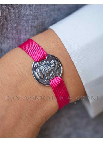 Pulsera Virgen de la Cabeza medalla con cinta rosa chica