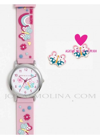 Reloj Agatha niña mariposas rosas y pendientes
