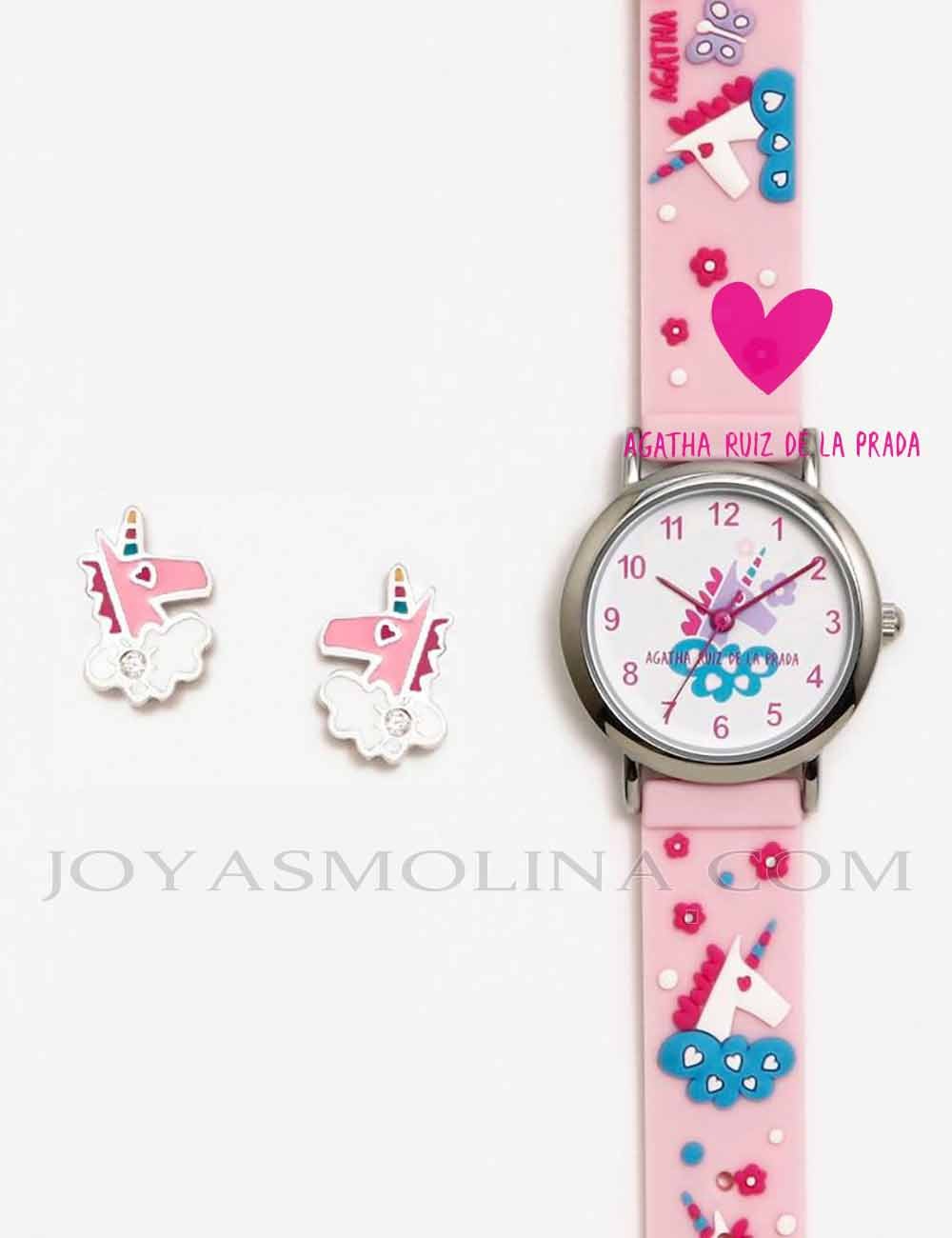 Reloj Agatha niña unicornio rosa y pendientes
