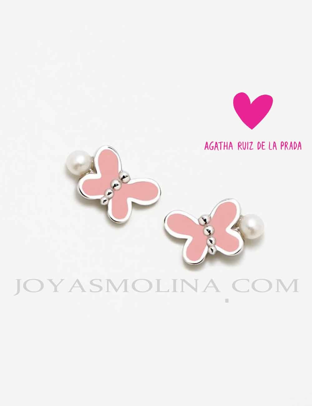 Pendientes plata niña Agatha mariposa rosa -perla