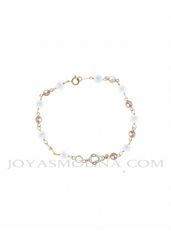 Pulsera Virgen del Rocio oro perlas circonitas rosas