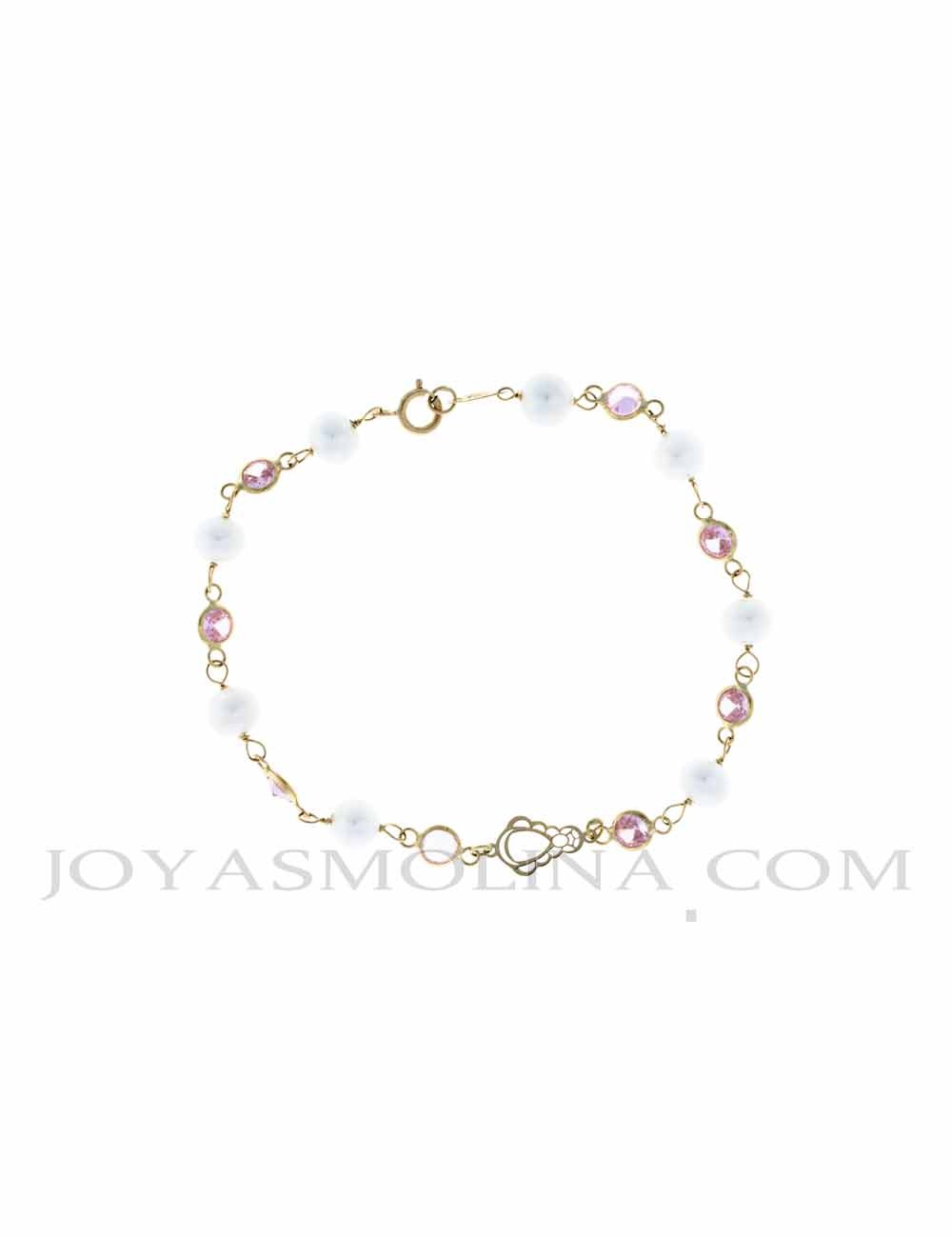 Pulsera Virgen del Rocio oro perlas circonitas rosas