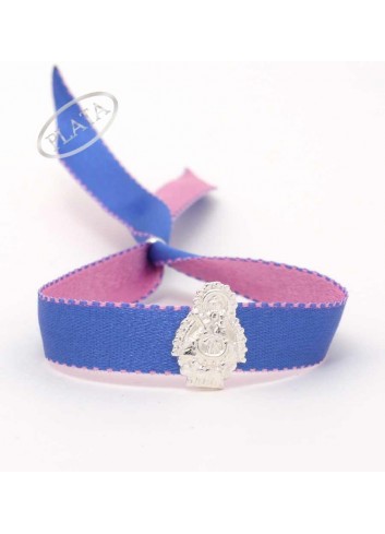 Pulsera cinta azul o rosa claro Virgen de la Cabeza plata 1,1x1,6cm