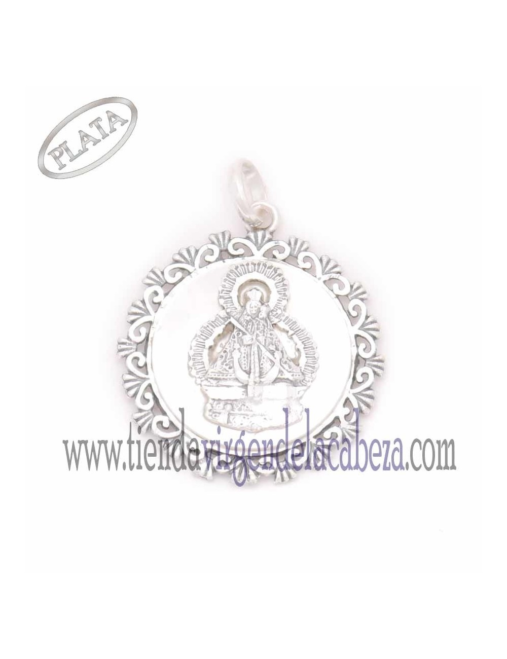 Medalla plata y nacar rocalla con Virgen de la Cabeza